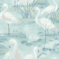 3120-13604 Everglades Aqua Flamingos Wallpaper