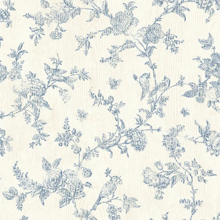 3119-02192 French Nightingale Blue Floral Scroll Wallpaper