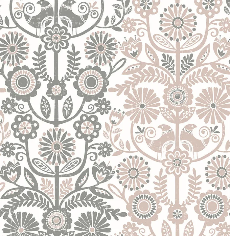 2821-25105 Lovebirds Light Pink Folk Stripe Wallpaper