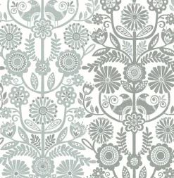 2821-25107 Lovebirds Slate Folk Stripe Wallpaper