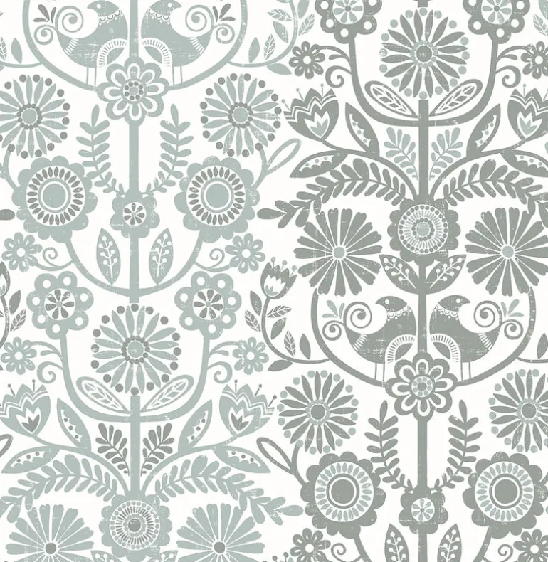 2821-25107 Lovebirds Slate Folk Stripe Wallpaper