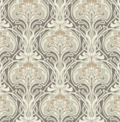 2970-26150 Mucha Dark Grey Botanical Ogee Wallpaper