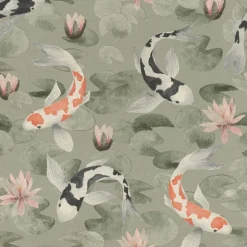4035-409437 Nobu Green Koi Fish Wallpaper
