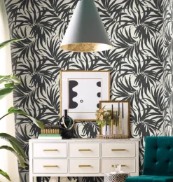 AT7056 Black Gold Bali Leaves Wallpaper