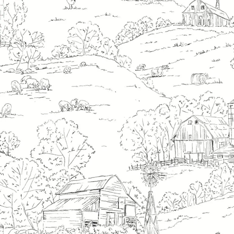 FH4031 Black/White Pasture Toile Wallpaper