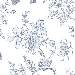 FH37539 Blue on White Butterfly Toile Wallpaper