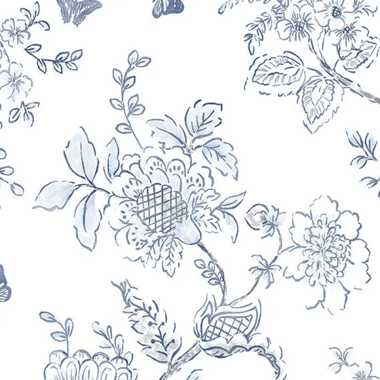 FH37539 Blue on White Butterfly Toile Wallpaper