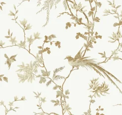 KT2174 White/Gold Bird And Blossom Chinoserie Wallpaper