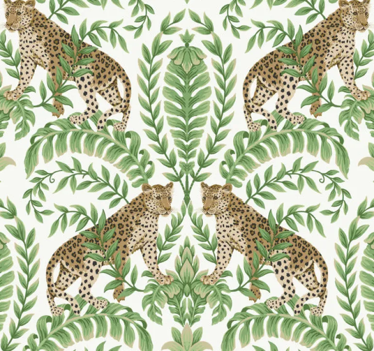 KT2203 White/Green Jungle Leopard Wallpaper