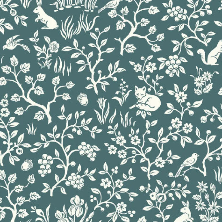 ME1574 Teal Green Fox & Hare Weekends Toile Joanna Gaines Magnolia Home Wallpaper