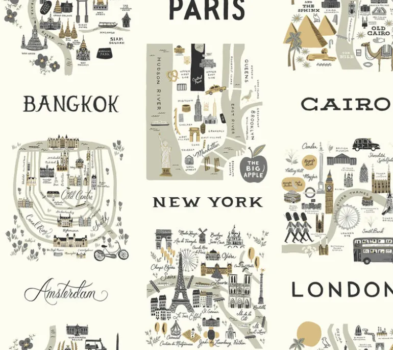 RI5161 Gray/Gold City Maps Wallpaper