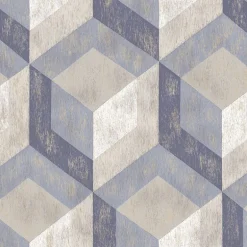 Rustic Wood Tile Blue Geometric Wallpaper