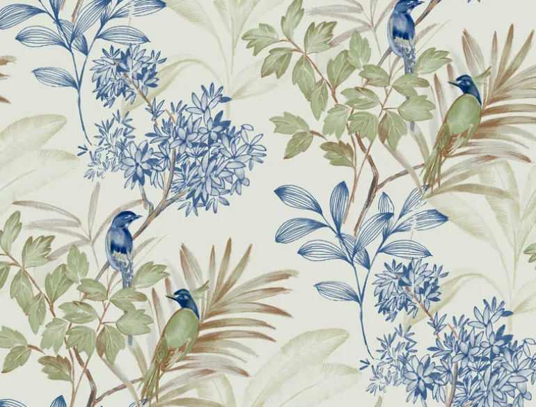 TL1928 Green/Blue Handpainted Songbird Wallpaper
