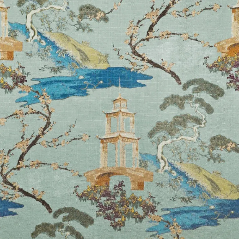 Zen Seaspray Asian Pagoda Chinoiserie Regal Fabric